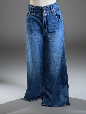 Habitual Anthropologie Flared Wide-Leg Jeans in Medium Blue Denim